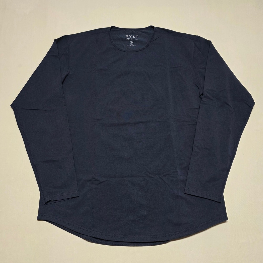 BYLT Basics Drop Cut Long Sleeve Lux Shirt Mens XL Navy Blue Curved Hem Tee